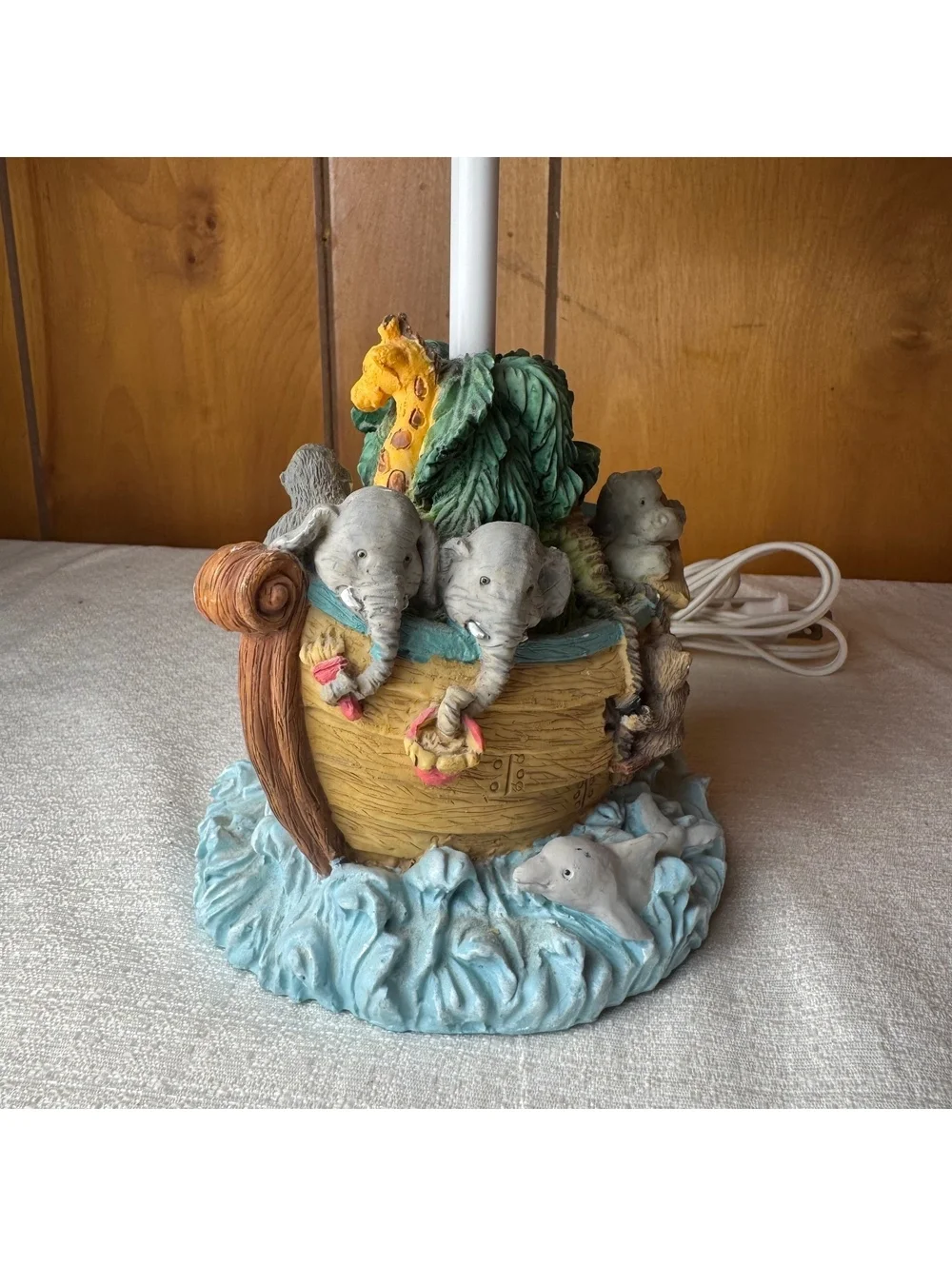 Vintage Noah’s Ark Animal Table Lamp With Woven Shade 14 Inch Nursery Decor